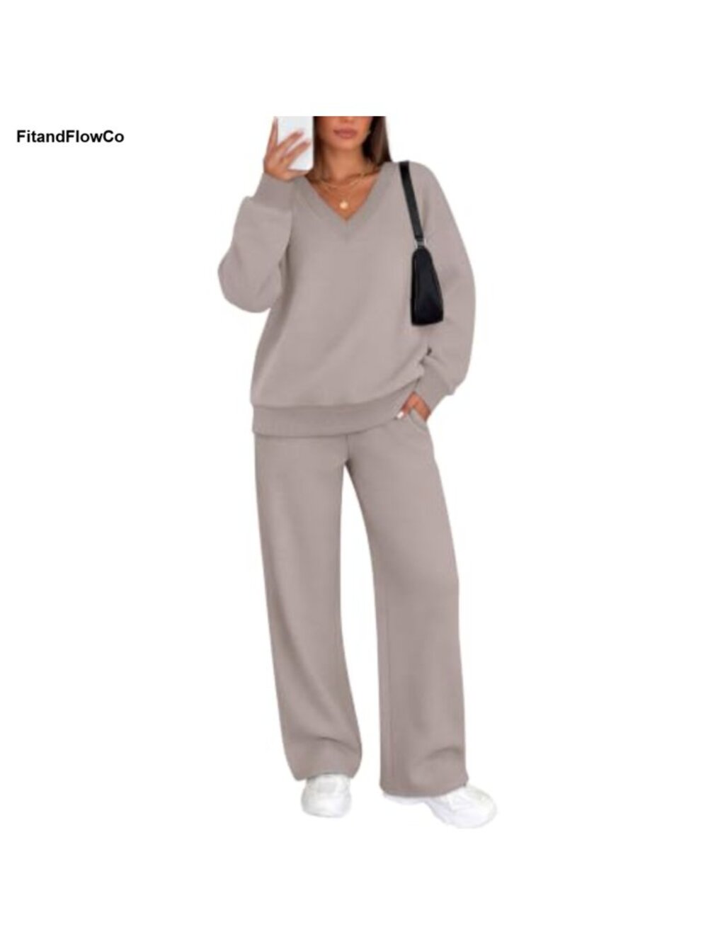 Womens 2 Piece Sweatsuit Set V Neck Drop Shoulder Wide Leg Lounge Set